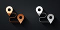 Gold and silver Route location icon isolated on black background. Map pointer sign. Concept of path or road. GPS Royalty Free Stock Photo