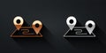Gold and silver Route location icon isolated on black background. Map pointer sign. Concept of path or road. GPS Royalty Free Stock Photo