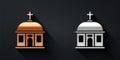 Gold and silver Santorini building icon isolated on black background. Traditional Greek white houses with blue roofs