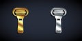 Gold and silver Shaving razor icon isolated on black background. Long shadow style. Vector
