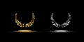 Gold and silver shiny laurel wreath signs on podiums isolated on black background. Vector award symbols.