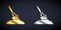 Gold and silver Shovel in the ground icon isolated on black background. Gardening tool. Tool for horticulture