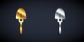 Gold and silver Shovel icon isolated on black background. Gardening tool. Tool for horticulture, agriculture, farming