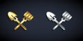 Gold and silver Shovel and rake icon isolated on black background. Tool for horticulture, agriculture, gardening Royalty Free Stock Photo