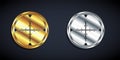 Gold and silver Sniper optical sight icon isolated on black background. Sniper scope crosshairs. Long shadow style