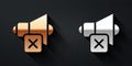 Gold and silver Speaker mute icon isolated on black background. No sound icon. Volume Off symbol. Long shadow style