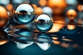 gold and silver spheres floating in water on a dark surface