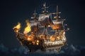 Gold Silver Steampunk Style Ship On Smoky Grey Background Spark Background. Generative AI