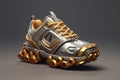 Gold Silver Steampunk Style Trainer On Smoky Grey Background Spark Background. Generative AI
