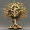 Gold Silver Steampunk Tree Large Details. Generative AI Royalty Free Stock Photo