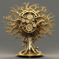 Gold Silver Steampunk Tree Large Details. Generative AI