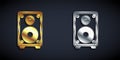 Gold and silver Stereo speaker icon isolated on black background. Sound system speakers. Music icon. Musical column