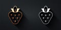 Gold and silver Strawberry icon isolated on black background. Long shadow style. Vector