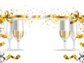 Gold and silver streamers and four champagne glasses on a white backgrouw Year\'s Eve background, banner with space for your