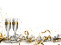 Gold and silver streamers and two Champagne glasses on a white background.New Year\'s Eve background, banner with space for