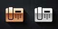 Gold and silver Telephone 24 hours support icon isolated on black background. All-day customer support call-center. Full