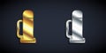 Gold and silver Thermos container icon isolated on black background. Thermo flask icon. Camping and hiking equipment