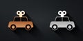 Gold and silver Toy car icon isolated on black background. Long shadow style. Vector Royalty Free Stock Photo