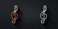 Gold and silver Treble clef icon isolated on black background. Long shadow style. Vector