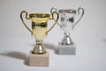 Gold and silver trophy cup. First and second place trophies. Awards on a light, white background Royalty Free Stock Photo