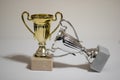 Gold and silver trophy cup. First and second place trophies. Awards on a light, white background Royalty Free Stock Photo