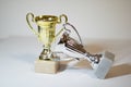 Gold and silver trophy cup. First and second place trophies. Awards on a light, white background Royalty Free Stock Photo