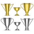 Gold and silver trophy cups, set of sports metal awards for winner awards ceremony of various forms, realistic 3d vector model