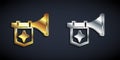 Gold and silver Trumpet with flag icon isolated on black background. Musical instrument trumpet. Long shadow style Royalty Free Stock Photo