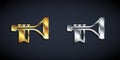 Gold and silver Trumpet icon isolated on black background. Musical instrument. Long shadow style. Vector Royalty Free Stock Photo