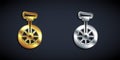Gold and silver Unicycle or one wheel bicycle icon isolated on black background. Monowheel bicycle. Long shadow style
