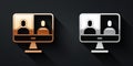 Gold and silver Video chat conference icon isolated on black background. Computer with video chat interface active