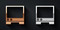 Gold and silver Voice assistant icon isolated on black background. Voice control user interface smart speaker. Long Royalty Free Stock Photo