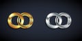 Gold and silver Wedding rings icon isolated on black background. Bride and groom jewelry sign. Marriage symbol. Diamond Royalty Free Stock Photo