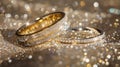 Gold and silver wedding rings rest on a glittering background..AI generated image Royalty Free Stock Photo