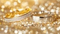 Gold and silver wedding rings rest on a glittering background..AI generated image Royalty Free Stock Photo