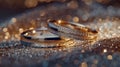 Gold and silver wedding rings rest on a glittering background..AI generated image Royalty Free Stock Photo
