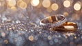 Gold and silver wedding rings rest on a glittering background..AI generated image Royalty Free Stock Photo