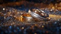 Gold and silver wedding rings rest on a glittering background..AI generated image Royalty Free Stock Photo