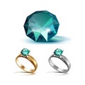 Gold and Siver Engagement Rings with Emerald Shiny Clear Diamond