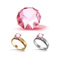 Gold and Siver Engagement Rings with Pink Shiny Clear Diamond