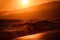 Gold sky and ocean water. Abstract background with sunset and ocean. Sunset over sea with golden dramatic sky panorama Royalty Free Stock Photo