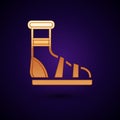 Gold Slippers with socks icon isolated on black background. Beach slippers sign. Flip flops. Vector