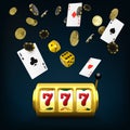 Gold slot machine and dices black playing cards four aces and falling poker chips. Casino big win poster. 3d design element for Royalty Free Stock Photo