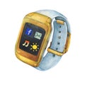 Gold smart watch with white strap.