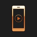 Gold Smartphone with play button on the screen icon isolated on black background. Long shadow style. Vector Royalty Free Stock Photo