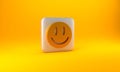 Gold Smile face icon isolated on yellow background. Smiling emoticon. Happy smiley chat symbol. Silver square button. 3D
