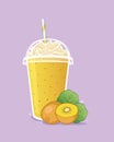 Gold Kiwi smoothie with whipped cream in take a way cup and gold kiwi on background.