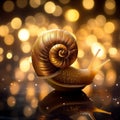 a gold snail on golden bokeh background generative AI Royalty Free Stock Photo