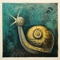 Teal Snail Drawing On Turquoise Background - Atmospheric Etchings Wall Art