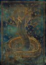 Gold Snake symbol with Eve, Adam, tree of knowledge and flowers on blue texture background
